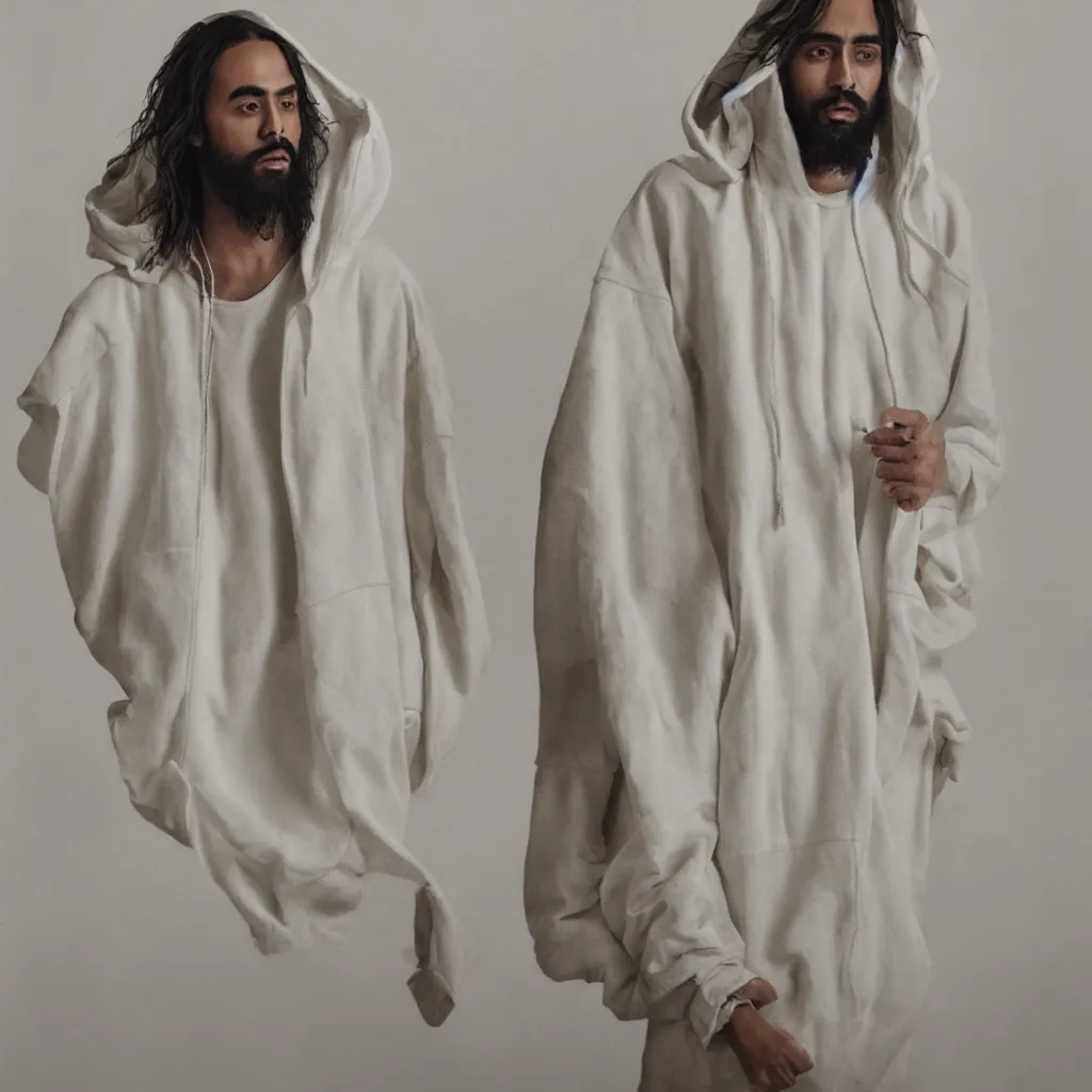 Image similar to a full body lookbook portrait of modern - day jesus wearing cream jerry lorenzo fear of god menswear collection by nicola samori, hat and hoodie, detailed, oil painting, hyper realistic, 8 k, yeezy collection