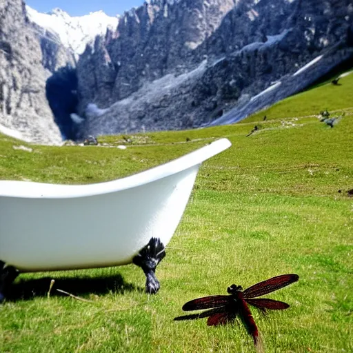 Image similar to dragonfly in a bathtub in the alps, goats!!!!!!!! in background