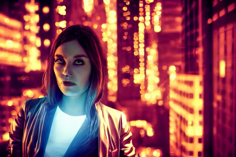 Prompt: cinematography closeup portrait of a gorgeous cyborg business woman in a cyberpunk apartment, neon lighting, night, by Emmanuel Lubezki