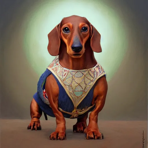 Image similar to dachshund as humpty dumpty | highly detailed | very intricate | elaborate outfit | symmetrical | cinematic lighting | award - winning | closeup portrait | painted by donato giancola and mandy jurgens and charlie bowater | featured on artstation