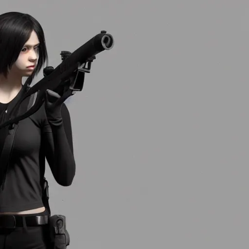 Prompt: photograph of a young woman wearing a all black clothes holding a Gun, detailed, artstation, concept art, Unreal Engine 5 render, 8K