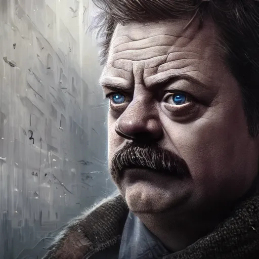 Prompt: Very very very very highly detailed epic central composition photo of Ron Swanson face, intricate, dystopian, sci-fi, extremely detailed, digital painting, smooth, sharp focus, illustration, intimidating lighting, incredible art by Brooke Shaden, artstation, concept art, Octane render in Maya and Houdini