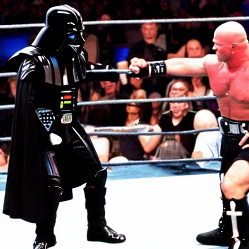 Image similar to Stone Cold Steve Austin fighting with Darth Vader in the WWE ring