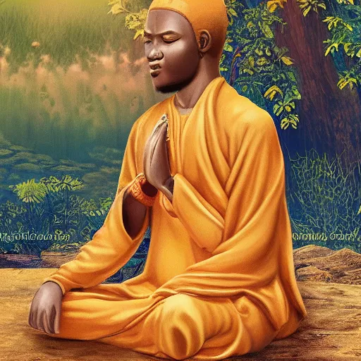 Image similar to contented peaceful nigerian!! bodhisattva, praying meditating, in a scenic environment, detailed, golden hour, realism, artstation trending, digital art