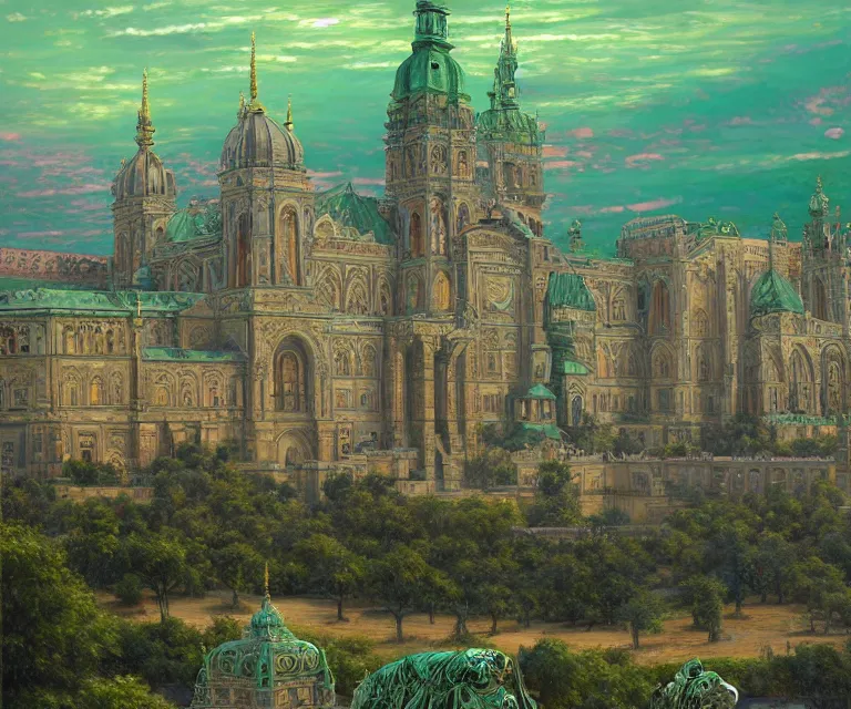 Image similar to a detailed oil painting of an intricate, ornate arabian prague palace made of green, polished semiprecious malachite marble and jade, hyper detailed, hd, artstation, beautiful sunrise lighting, by john williams waterhouse, thomas kincade, michael whelan and donato giancola