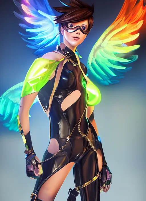 Image similar to portrait digital artwork of tracer overwatch, wearing iridescent rainbow latex and leather straps catsuit outfit, in style of mark arian, angel wings, dramatic painting, wearing detailed leather collar, chains, black harness, detailed face and eyes,