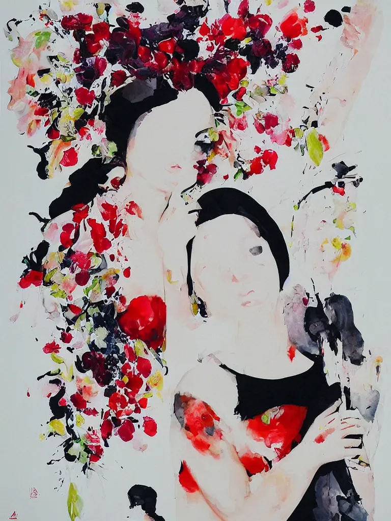 Image similar to “art in an Australian artist’s apartment, portrait of a woman wearing white cotton cloth, eating luscious fresh raspberries and strawberries and blueberries, white wax, edible flowers, Japanese pottery, ikebana, black walls, acrylic and spray paint and oilstick on canvas”