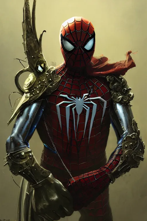 Image similar to spiderman, legendary warrior, heroic fighter, world of warcraft, decorative ornaments, battle armor, by carl spitzweg, ismail inceoglu, vdragan bibin, hans thoma, greg rutkowski, alexandros pyromallis, perfect face, sharply focused, sharply detailed, centered, rule of thirds, realistic shading