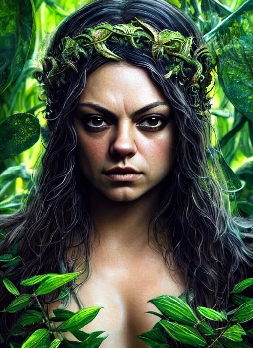 Prompt: photo of a mila kunis as medusa in the style of stefan kostic, realistic, half body shot, sharp focus, 8 k high definition, insanely detailed, intricate, elegant, art by stanley lau and artgerm, extreme bokeh foliage