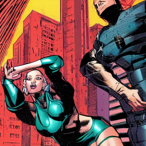 Prompt: In the style of Rafael Albuquerque comic art, Iggy Azalea and Gal Gadot wrestling on a street corner.