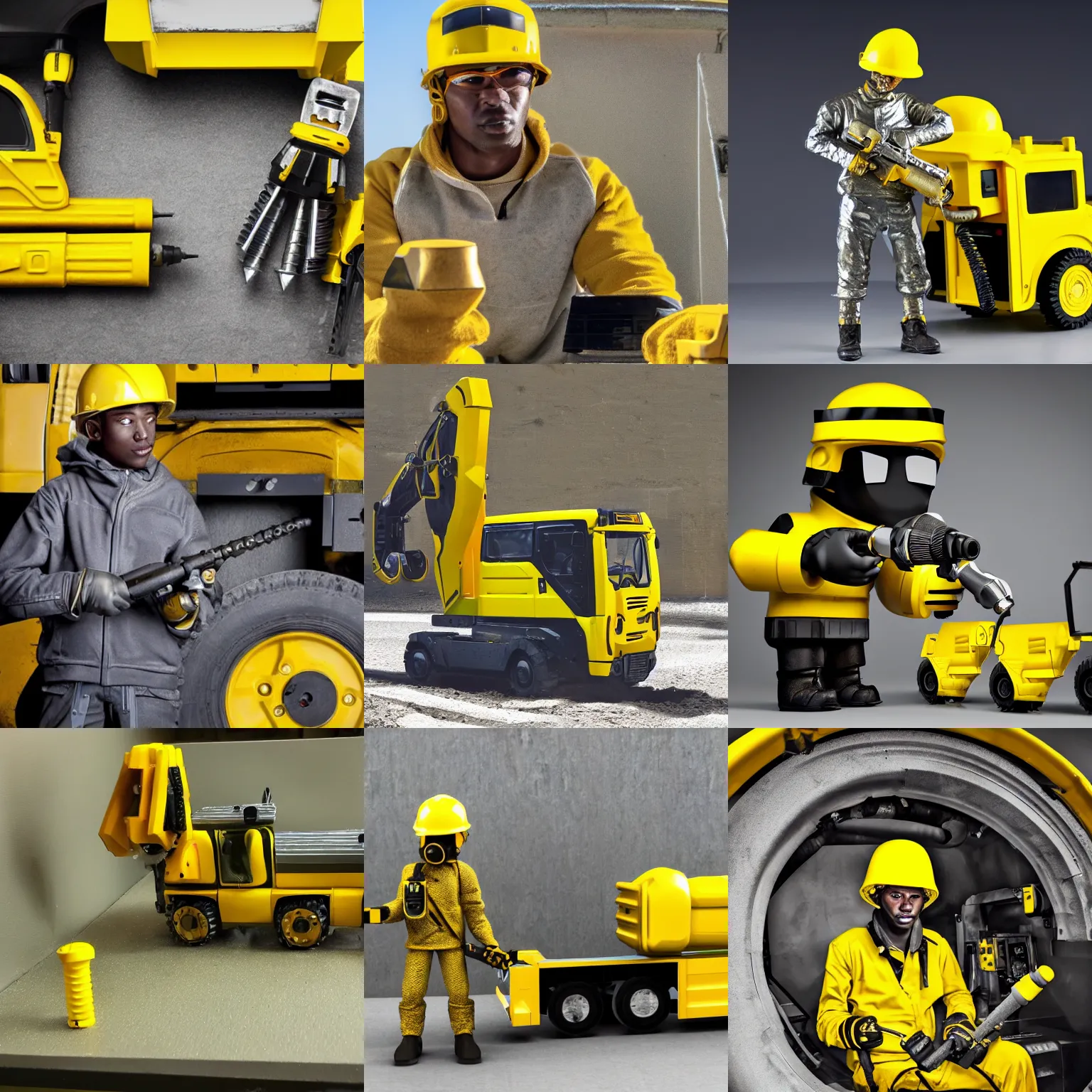 Prompt: a burrowing soldier in yellow equipment, driving a drill truck, drill machine, cyber style, diamond bit,