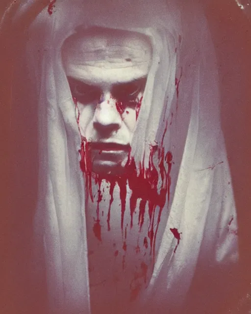 Image similar to an instant photo of a handsome but sinister ghost in layers of fear, with violence in his eyes, 1 9 7 0 s, seventies, woodlands, delicate embellishments, a little blood, crimson, painterly, offset printing technique, by mary jane ansell