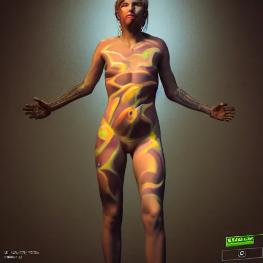 Prompt: : androgynous person with body paint all over hyper detailed art station  parabolic lighting contest winners unrealengine trending on artstation,cinematic, hyper realism, high detail, octane render, 8k