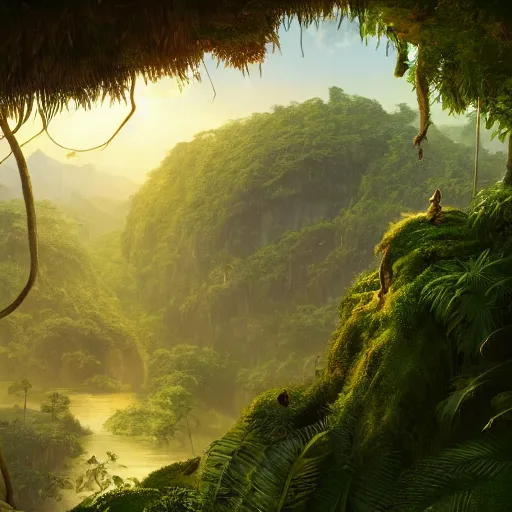 Prompt: monkey in jungle, beautiful dynamic lighting, cinematic, wide angle establishing shot, extremely high detail, photo realistic, cinematic lighting, post processed, concept art, artstation, matte painting, style by frederic church, raphael lacoste, unreal engine 8k