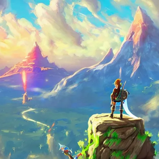 Image similar to oil painting of zelda breath of the wild, mountain in the background. beautiful, rpg, dnd, artstation, artgerm, disney, pixar