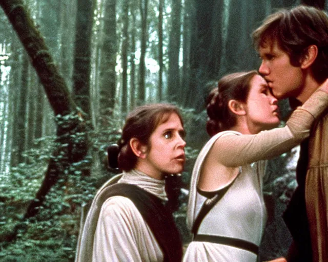 Prompt: luke skywalker, princess leia and han solo hugging and kissing in the forest of endor at the end of return of the jedi, faster, more intense, dolby stereo