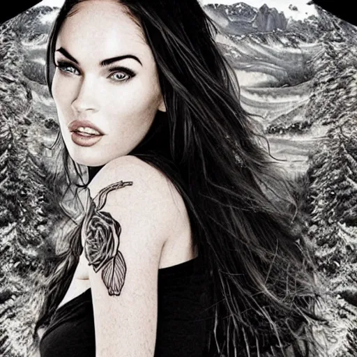 Image similar to megan fox face double exposure effect with beautiful mountain scenery, tattoo design sketch, in the style of matteo pasqualin, amazing detail
