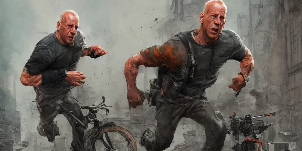 Image similar to cartoonish bruce willis running, by geert goilis, vivid colors, character sheet, fine details, concept design, contrast, kim jung gi, greg rutkowski, trending on artstation, 8 k, full body, turnaround, front view, back view, ultra wide angle