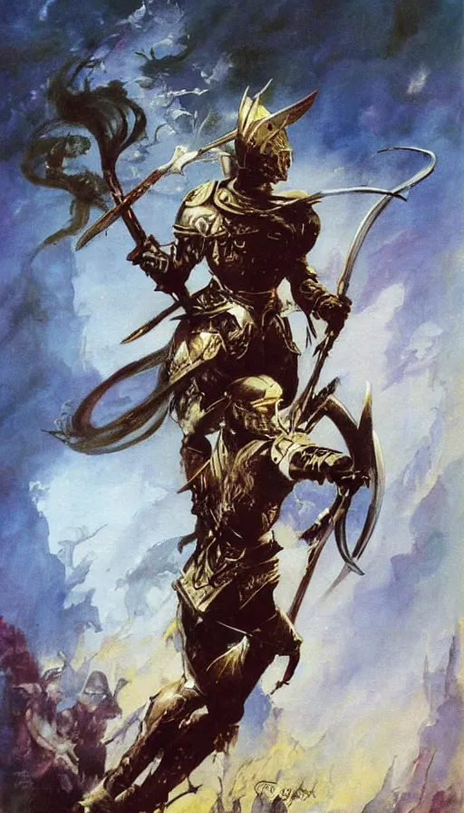 Prompt: fantasy painting by Frank Frazetta portraying a female knight in armor,wielding a sword,high quality,beautiful,detailed