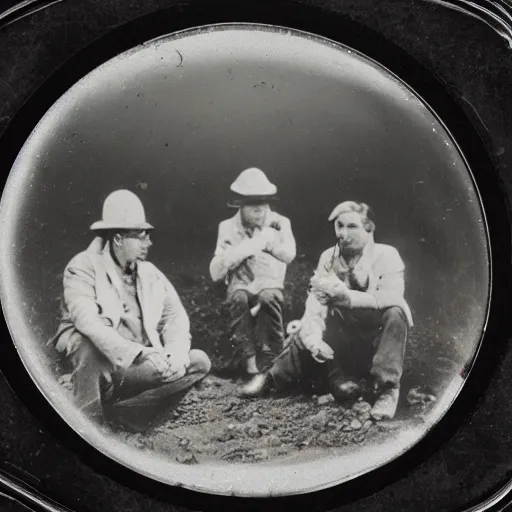 Prompt: daguerreotype of scientists examining a crashed ufo, hyper realistic,