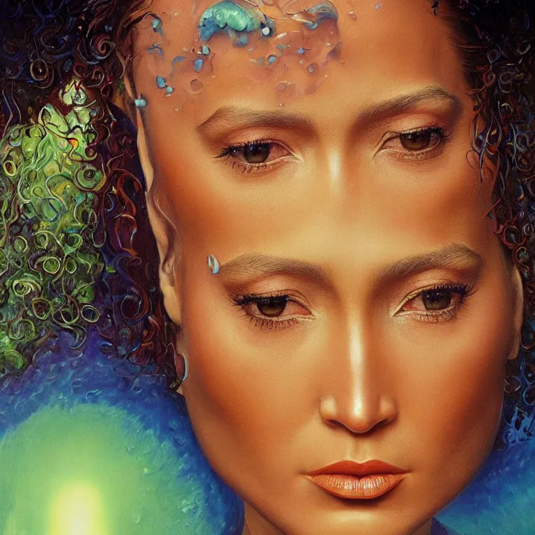 Image similar to Hyperrealistic intensely colored close up studio Photograph portrait of a deep sea bioluminescent Jennifer Lopez, beautiful face realistic proportions, sitting in a lawn chair in her back yard, award-winning portrait oil painting by Norman Rockwell and Zdzisław Beksiński vivid colors high contrast hyperrealism 8k