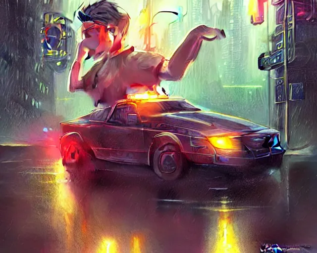 Image similar to police chase, night life, neon glow, heavy rain, deep focus, d & d, fantasy, intricate, elegant, highly detailed, digital painting, artstation, matte, sharp focus, illustration, hearthstone, art by artgerm and greg rutkowski and alphonse mucha