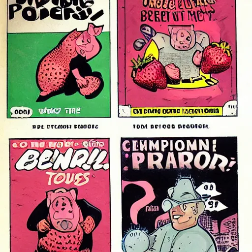 Image similar to comic book cover for the Central Pork Superheroes, pigs, berries, diamonds