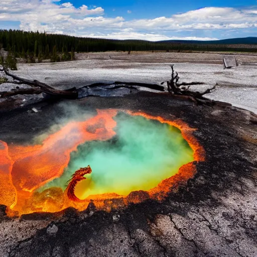 Image similar to a dragon emerging from a hotspring, photograph captured at yellowstone national park