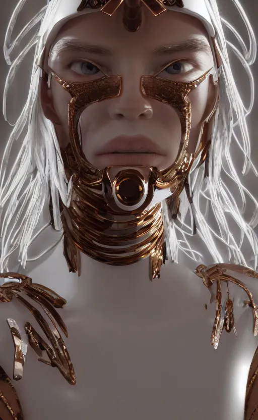 Image similar to white cyborg fashion shot, copper spiral decorations, white elegant baroque design, smooth heads, headshot half figure, photorealistic, 8k, hyper detailed, unreal engine, trending on artstation,