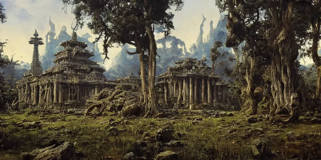 Image similar to a alien lost temple, by ivan shishkin, by james gurney, detailed, atmospheric, 8 k