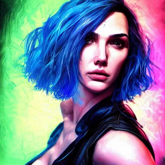 Image similar to “hiperrealist close up portrait of cyberpunk Gal Gadot with blue hair, digital art, concept art, neon colors, studio lightning, high contrast, sharp focus, high detail, photorealist, Artstation HQ, DeviantArt, cybernetics, techwear, urban samurai, netrunner, Shadowrun, Cyberpunk 2077, Deus Ex, 4k UHD, Unreal Engine 5”