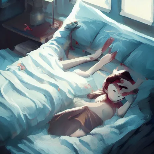 Prompt: a girl lies on the bed with a ragdoll, characterized by roman shipunov, etienne hebinger, atey ghailan, cgsociety, fantasy art, 2 d game art