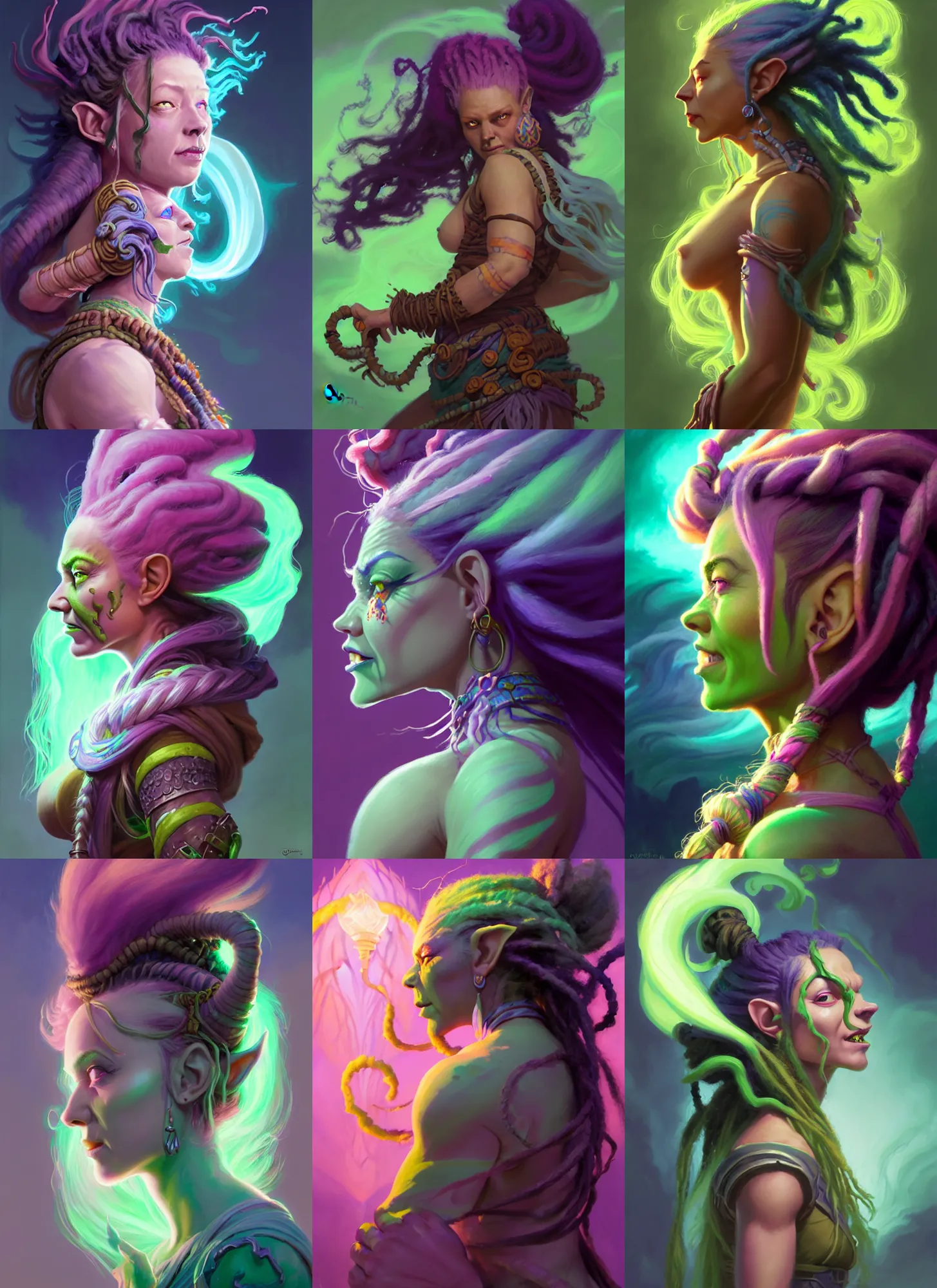 Prompt: side portrait, female goblin - orc druid, dreadlocks, gloomhaven, luminescent, colorful swirly magic ripples, pastel colors, by greg manchess, huang guangjian, gil elvgren, sachin teng, greg rutkowski, jesper ejsing, ilya kuvshinov