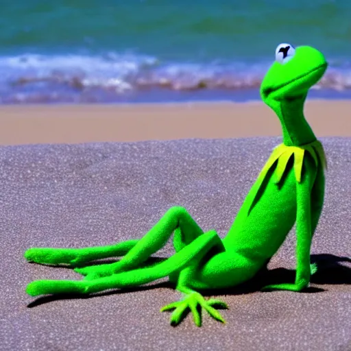 Image similar to Kermit the frog tanning on the beach photo 4k model hd