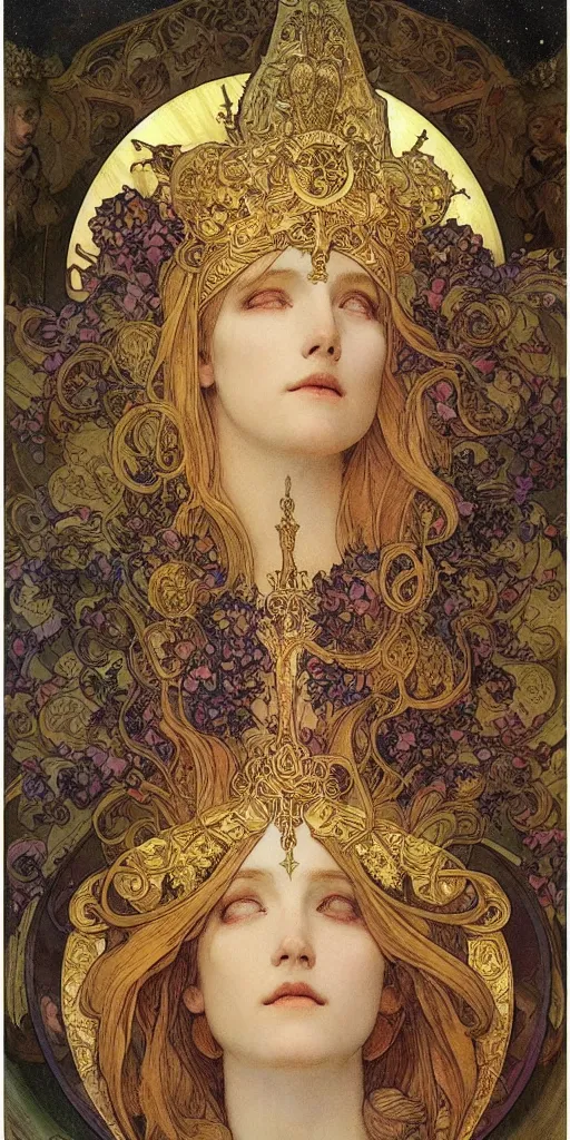 Image similar to portrait, face, saint woman, venus, athena, halo, queen, by alphons mucha and annie swynnerton and jean delville, strong dramatic cinematic lighting, ornate headdress, flowing robes, spines, flowers, stars, lost civilizations, smooth, sharp focus, extremely detailed, marble, gold, space