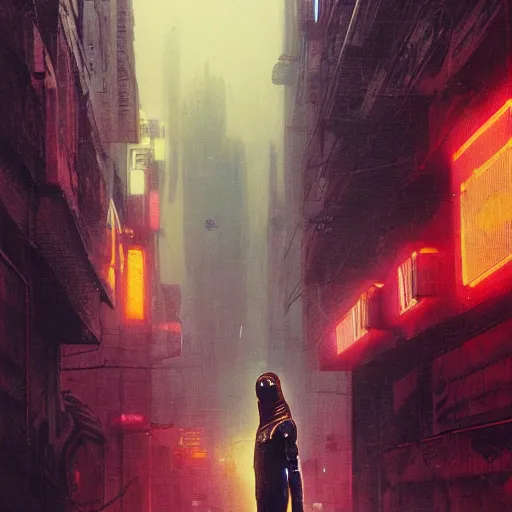 Image similar to portrait of masked byzantine blade runner 2 0 4 9 on the art deco streets of the neo tokyo during the cyber triumph, award - winning realistic sci - fi concept art by beksinski, bruegel, greg rutkowski, alphonse mucha, and yoshitaka amano