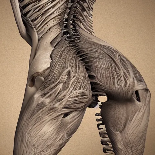 Image similar to concept of a detailed and intricate design of the back of full female anatomy wrapped in bone texture, 3d design, great finesse organic hyper detailed, engineering blueprints, stained paper, hyperrealistic, ultra detailed, 4K, octane render, unreal engine