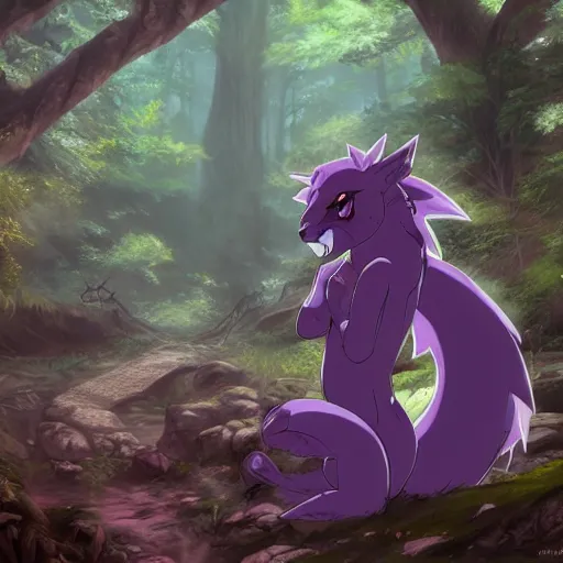 Image similar to concept art painting of a purple anime furry anthro dragon, in the deep forest, realistic, detailed, cel shaded, in the style of makoto shinkai and greg rutkowski and james gurney