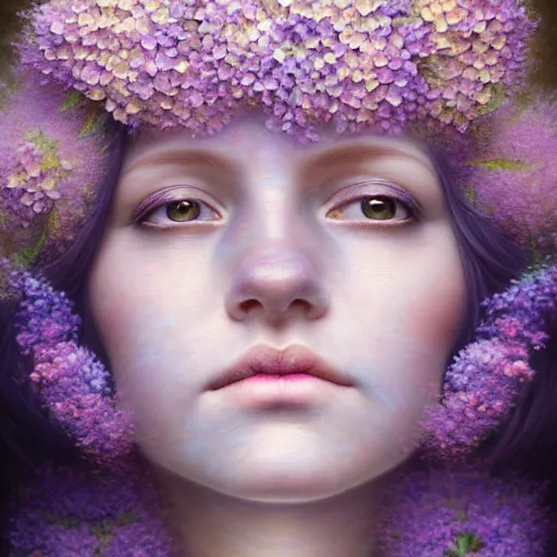 Image similar to portrait of a lilac hair beautiful goddess of light through hydrangeas flowers, soft rose, and dried petals, painterly, methaphoric, intricate and elegant, highly detailed photorealistic painting, decorative lines, sharp focus, 8 k, by tomasz alen kopera, h 6 6 0