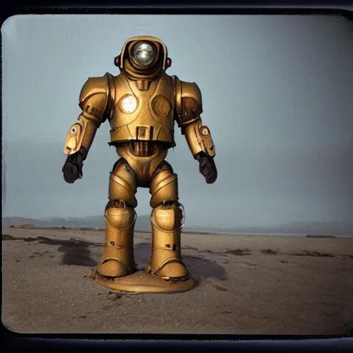 Image similar to polaroid hyper realistic fallout New Vegas brother hood of steel paladin in t-51b power armor by Tarkovsky