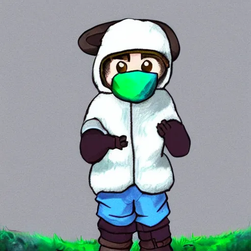 Image similar to little boy wearing sheep suit. white, gray, blue, green and brown pallet color. made in abyss art style, inspired in deltarrune, cute detailed artwork