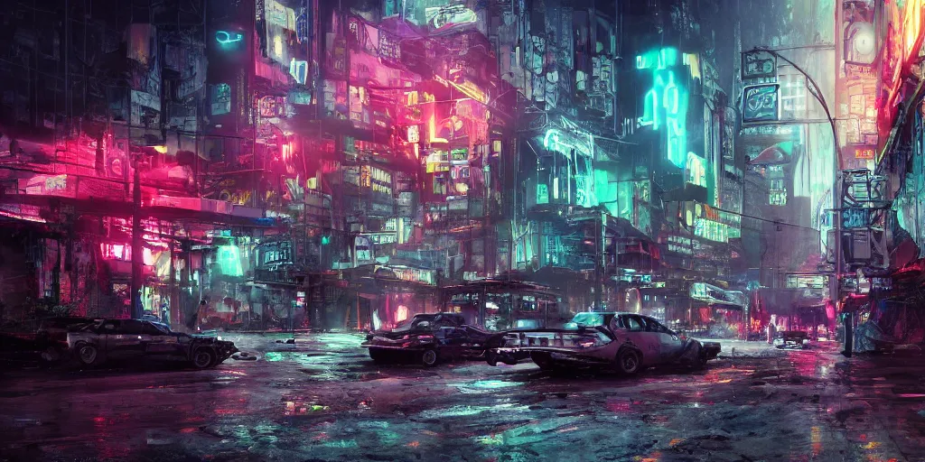 Image similar to a guatemalan solitary cyberpunk city, abandoned with neon ads and signs with evocative dramatic mood with blade runner vibe with cars and floating vehicles with motion blur with depth of field with bloom with lightshaft with volumetric lights and ads, fog, by jeremy mann oscar winning graphics, photo realistic, bloom, imax, dynamic lighting, artstation,