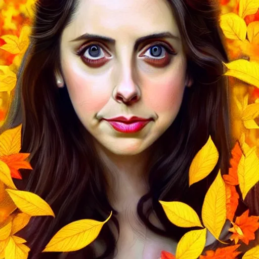 Prompt: gorgeous young Alison Brie, realistic character concept, full body, autumn leaves, orange yellow, medium shot, shorter neck, illustration, symmetrical face and body, realistic eyes, cinematic lighting, detailed realistic symmetrical eyes, symmetrical nose, symmetrical pupils, symmetrical nostrils, face by artgerm, symmetrical nose, high resolution, Don Bluth, Joshua Middleton, Charlie Bowater, Tom Bagshaw, single face, insanely detailed and intricate, beautiful