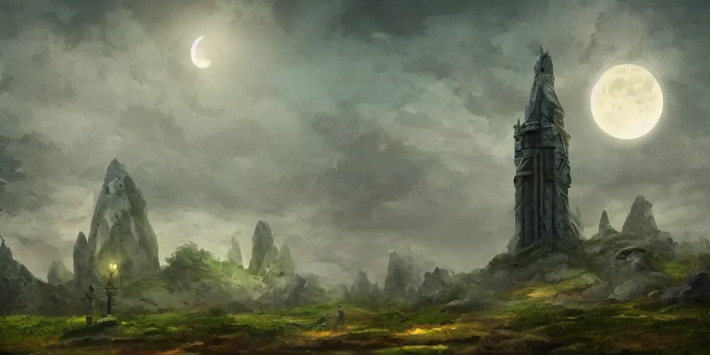Prompt: The great marble wizards tower, painted landscape,green fields in the background, moody lighting, moon in the night sky, artstation, digital art