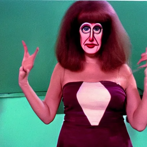 Image similar to 1974 woman on a television show with a long prosthetic snout nose, big nostrils, wearing a dress, 1974 French film color archival footage technicolor film expired film 16mm Fellini new wave John Waters Russ Meyer movie still