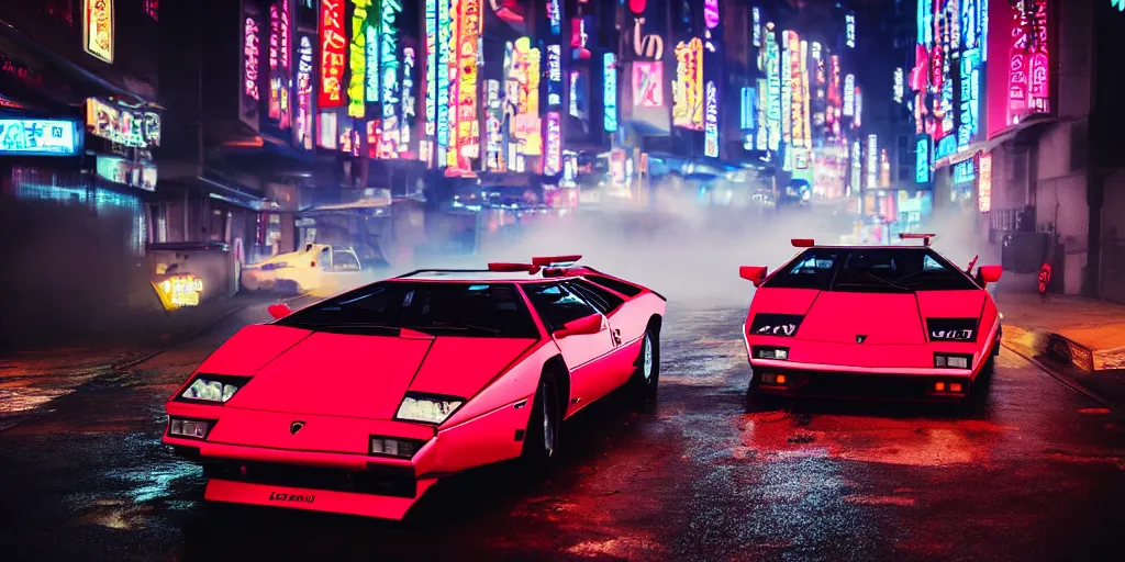 Prompt: photograph of two different coloured lamborghini countach parked in a rainy neo tokyo street at night with neon light signs illuminating the scene, sharp focus, highly detailed, ray tracing, cinematic, moody, hdr, 4 k, incredible detail, epic, misty, slight bokeh