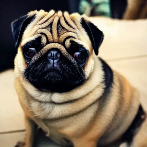 Prompt: a pug that looks like angelina jolie