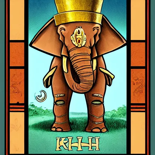 Image similar to anthropomorphic humanoid elephant knight, tarot card style, fantasy illustration