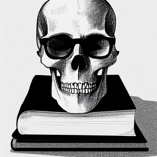 Prompt: pencil drawing of a human skull wearing black round glasses, sitting atop a small stack of hardcover books, black and white, white background