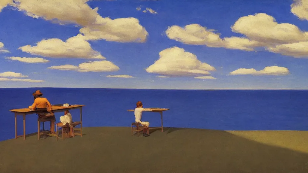 Image similar to artist painting blue sky by Edward Hopper. 8K. Extremely detailed.